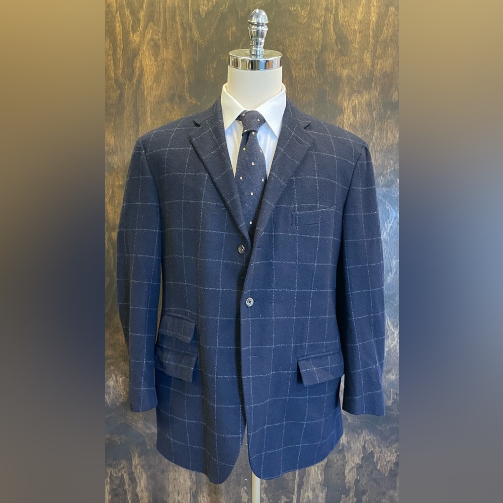 Polo by Ralph Lauren Windowpane Cashmere Jacket in Navy Size 46 R Made in Italy